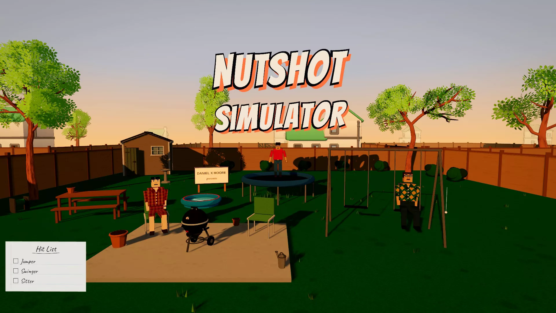 The Nutshot Simulator logo over a golden-hour backyard with a trampoline and blocky characters