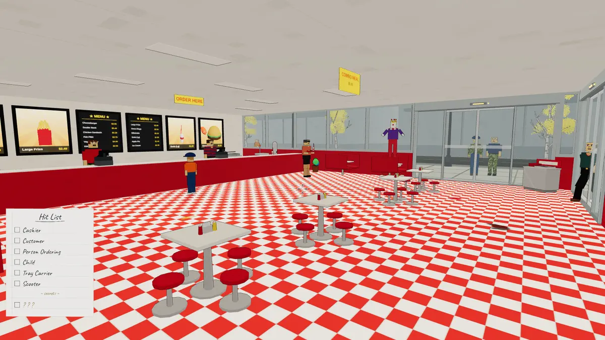 Retro fast-food joint with a red checkerboard floor and menu boards
