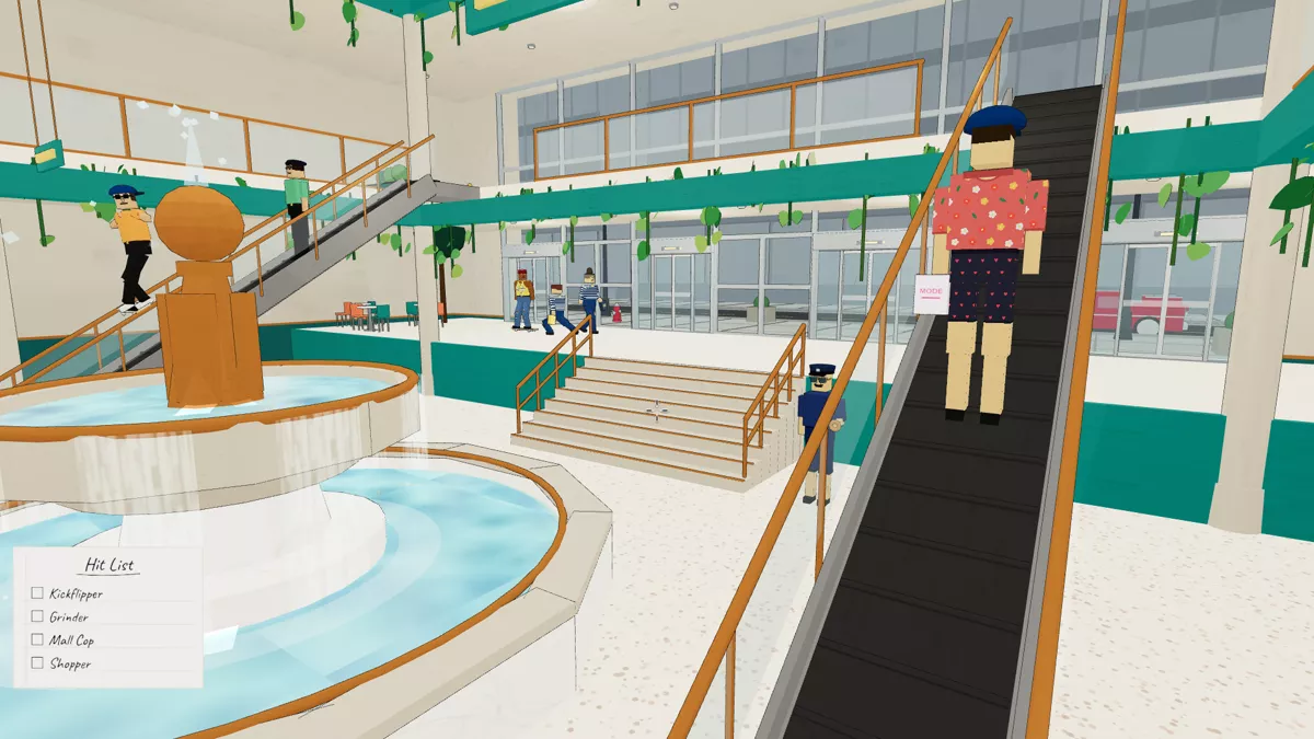 Bustling shopping mall atrium with a tiered fountain, escalators, a mall cop and shoppers