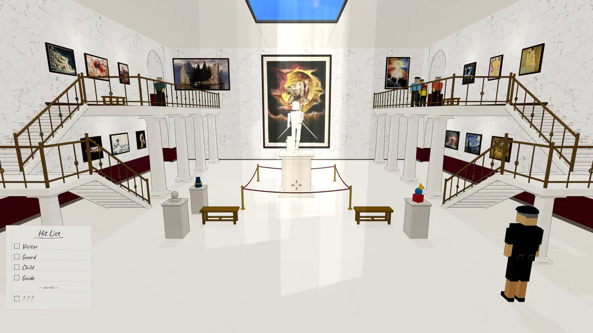 Art museum gallery lined with paintings and a marble statue