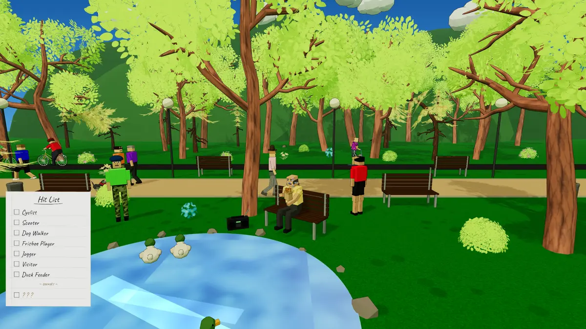 Sunny city park with a duck pond, benches and strolling characters