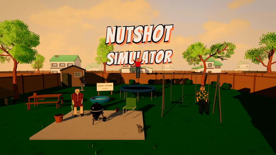 Key art: the Nutshot Simulator logo over a golden-hour backyard